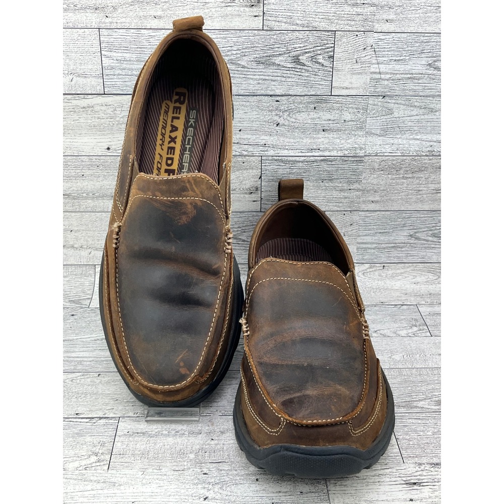 Skechers Men Relaxed Fit Memory Foam Leather Loafers Dark Brown 63697 Size 10